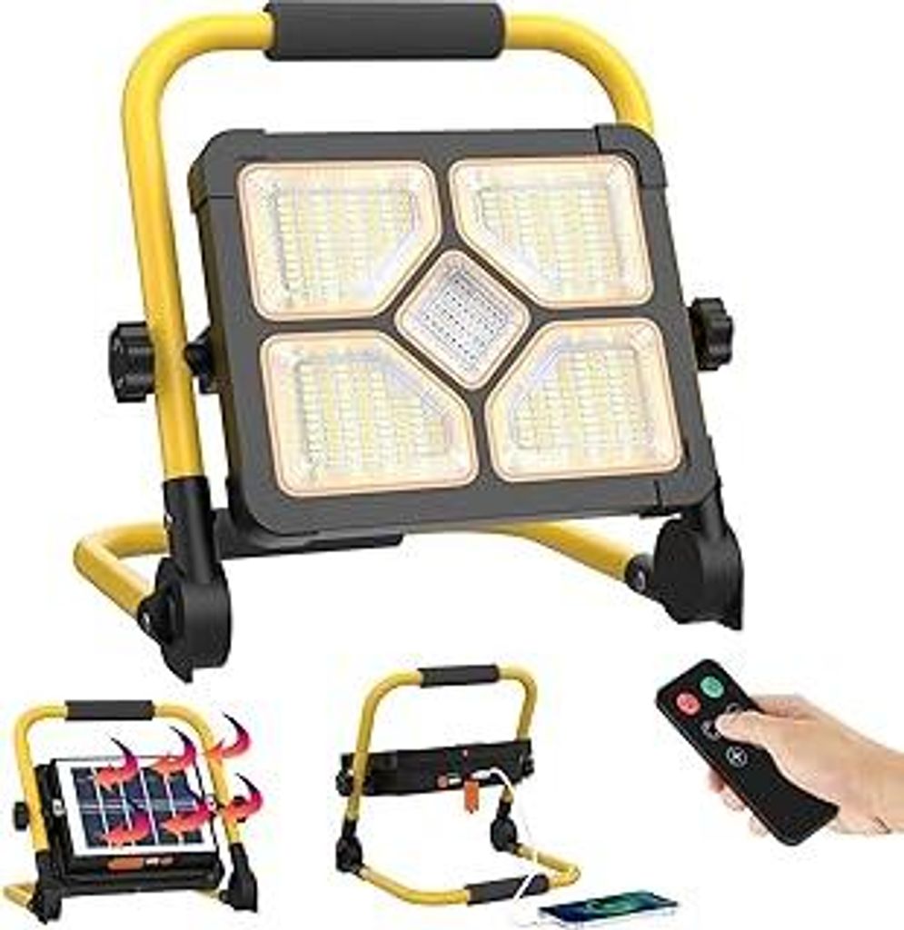 ERAY 150W LED Baustrahler Akku Mit Fernbedienung und Stativ, 15000mAh Tragbare LED Strahler Akku, LED Arbeitsleuchte 296 Perlen/5 Modi/USB-Wiederau...