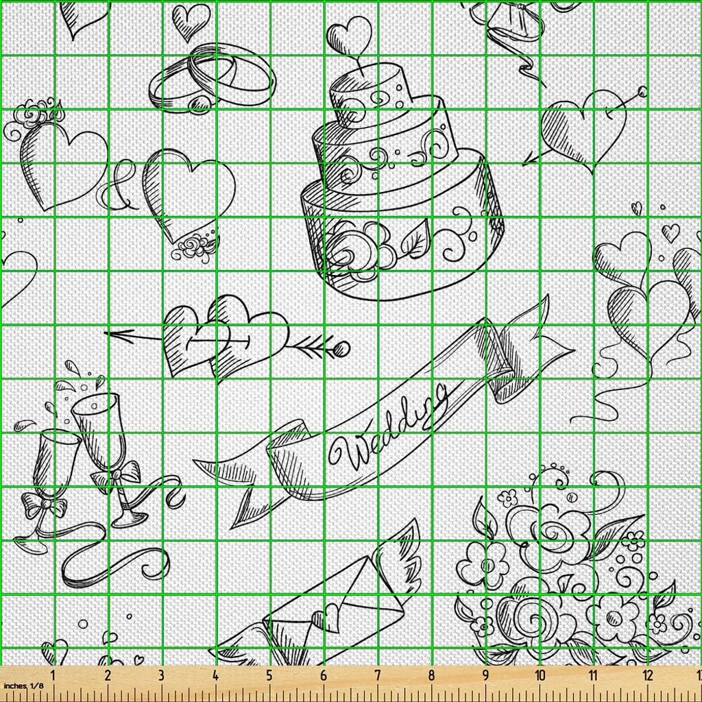 ABAKUHAUS Hochzeit Satin Stoff als Meterware, Einfarbige festliche Tagesillustration mit aufwändigen Kuchen-Herzen und Blumensträußen, 2 M (148 ...