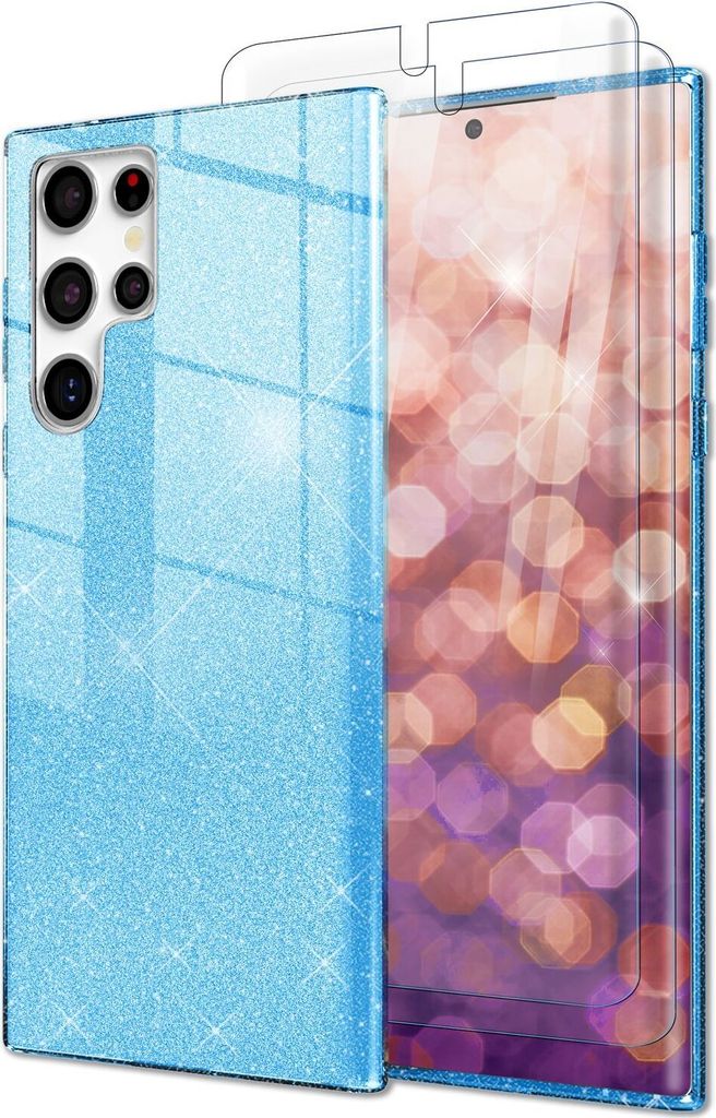 A blue glitter phone case and screen protector for a Samsung Galaxy S23 Ultra.