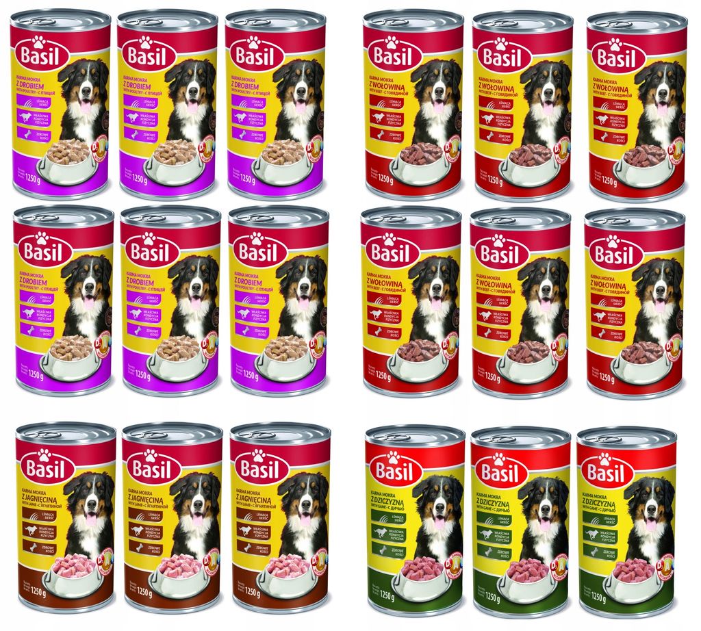 A collection of dog food cans arranged in rows.