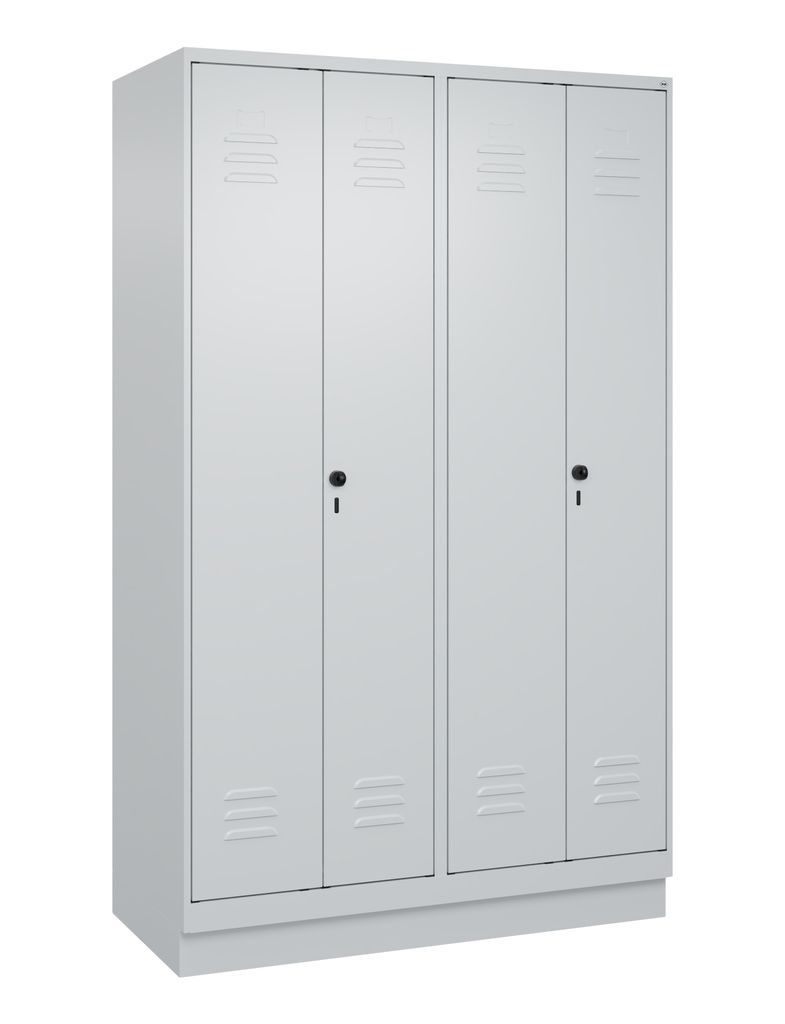 Garderobenschrank, paarw. zuein. schlagende Türen, BxTxH 1200x500x1950 mm, 4 Abteile, Abt.B 300 mm, Sockel, Drehriegel, RAL 7035