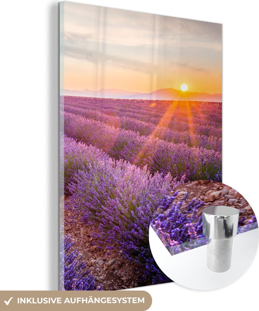 MuchoWow Glasbilder - Bilder auf Wandbild - Foto auf Glas Lavendel - Sonnenuntergang - Blumen - Lila 60x80 cm Wanddekoration aus Glas - Acrylglasbi...
