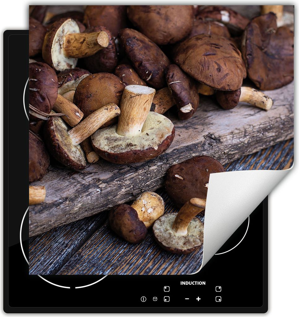DarHaus Herdabdeckplatte 60x52 cm Anti Rutsch Matte Aufrollbar, Champignons - Holz