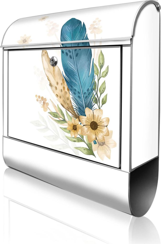 banjado Design Briefkasten Stahl silber mit Zeitungsfach pulverbeschichtet "Federn und Blüten Boho" 38x46x12,5cm & 2 Schlüssel - Postkasten A4 Ei...