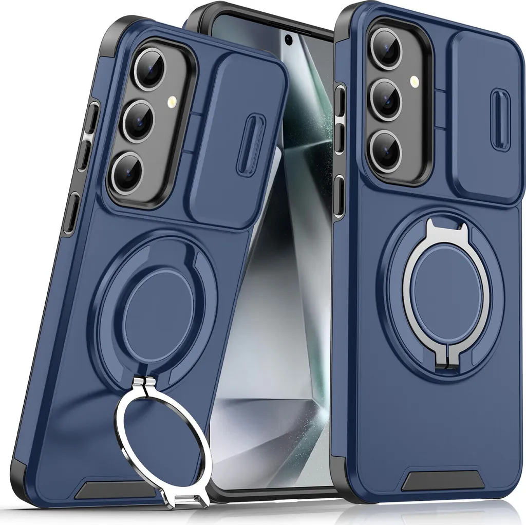Custodia a doppio strato per Samsung Galaxy S25+, con copertura scorrevole della fotocamera e supporto magnetico ad anello Blu
