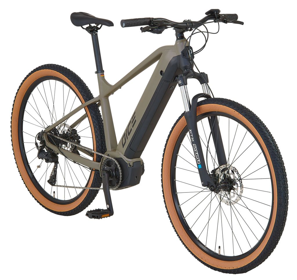 A studio shot of an electric mountain bike.