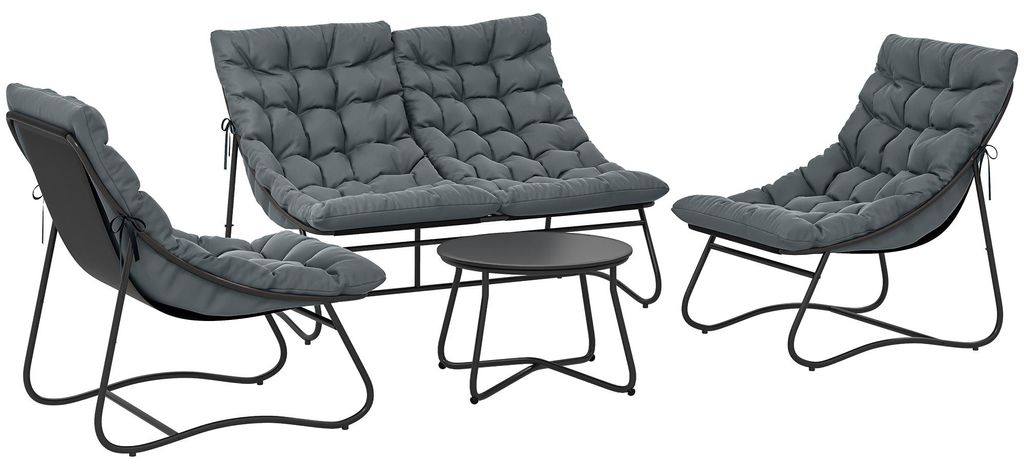 4-Sitzer Gartenmöbel-Set, 2 Stühle, 1 Doppel-Sofa, 1 Tisch, dicke Kissen, Stahlrahmen, für Terrasse, Grau