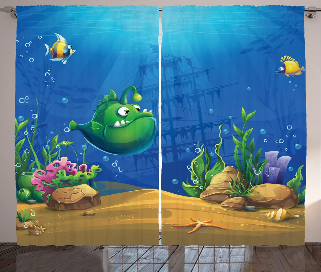 Rideau pour Chambre Enfant Motif Poissons et Bateau 280x225cm Bleu