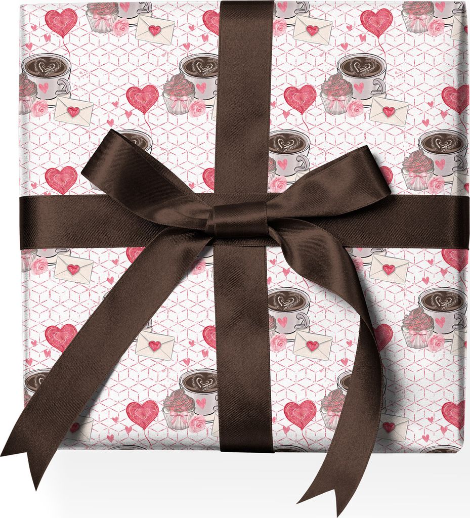 Romantik Valentinstag Liebes Geschenkpapier mit Herzen und Kaffee-Tassen, rosa - G22115, 32 x 48cm