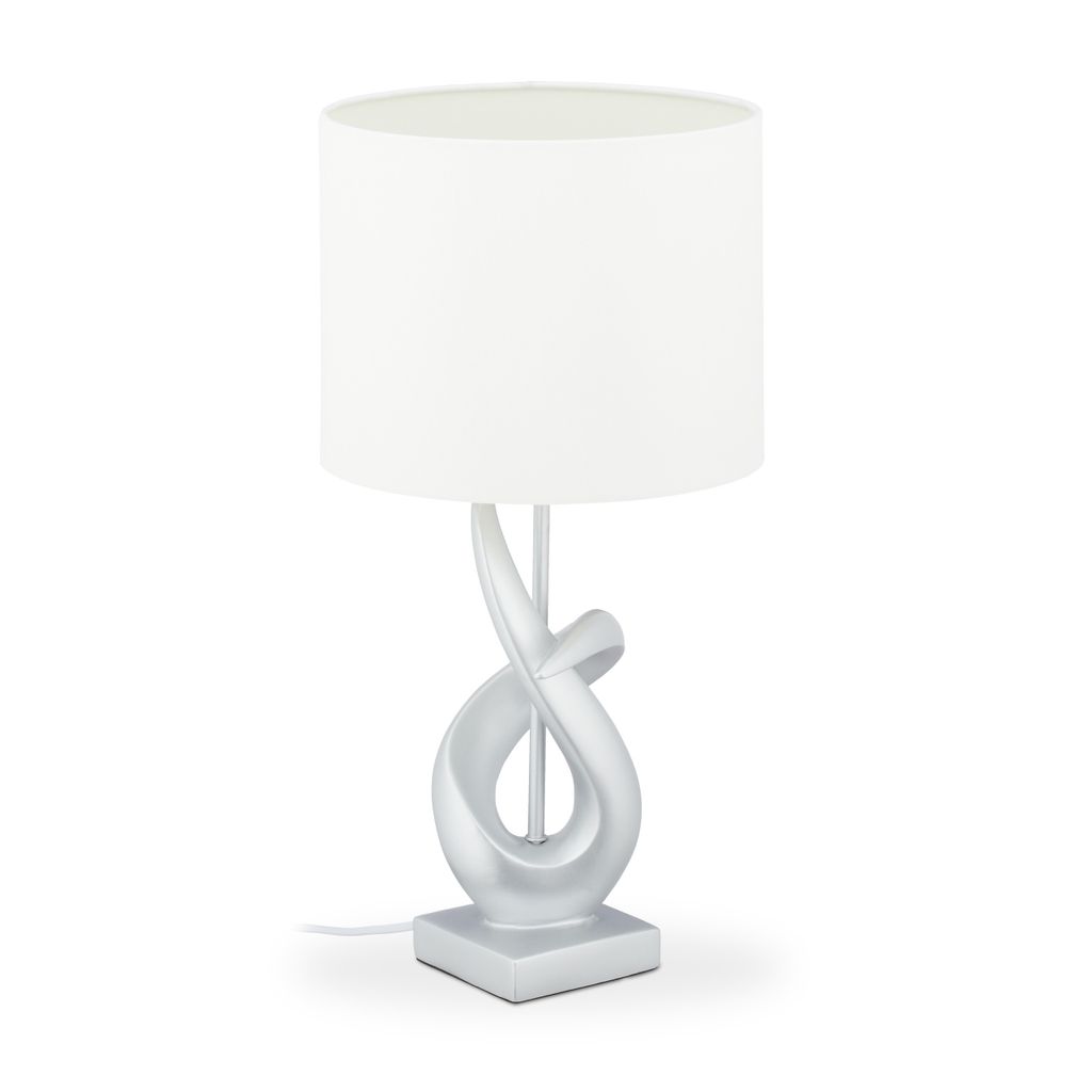 Relaxdays Tischlampe modern, elegantes Design, Tischleuchte Stoffschirm, E27, Designerlampe HxD: 50x25 cm, silber/weiß