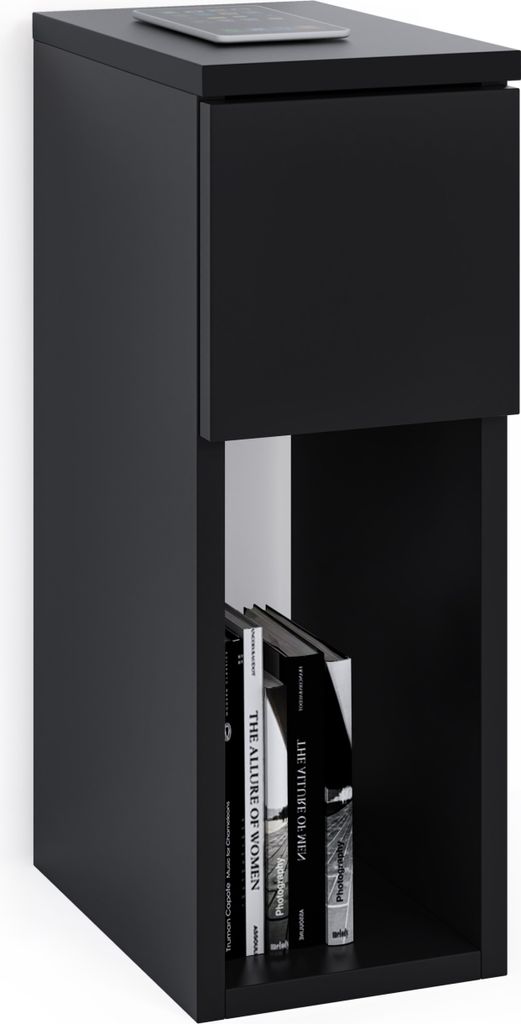 Nachttisch Beistelltisch schmal - Schwarz Matt - 20 cm - mit Schublade und Ablage