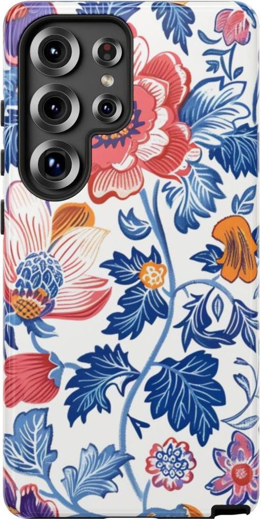 Farbenfrohes Blütenmuster mit blauen Blättern – Hülle Kompatibel mit Samsung Galaxy S25 Ultra