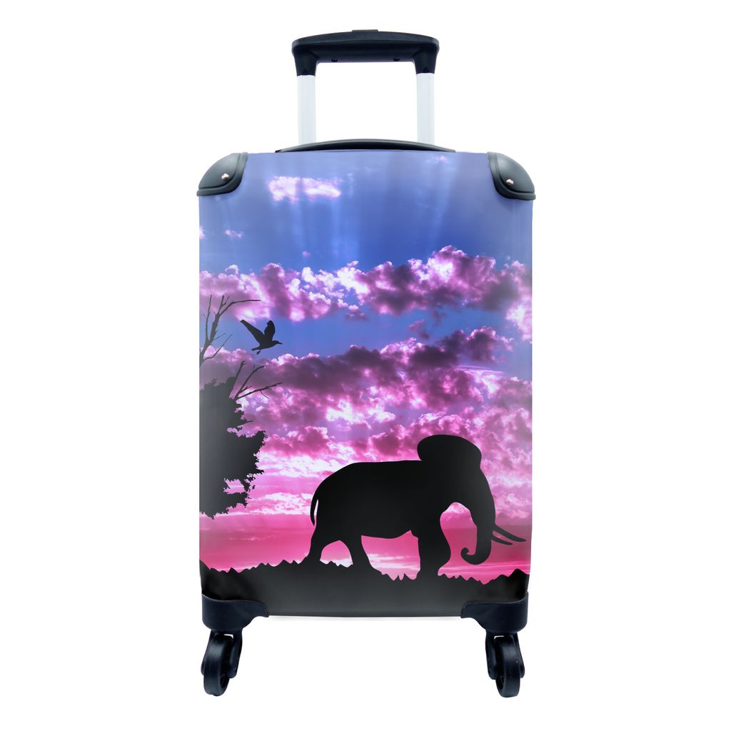 MuchoWow Koffer Handgepäck Trolley Rollkoffer Kleine Reisekoffer mit 4 Rollen - Elefant - Vogel - Lila - Rosa - Cabin Size < 55x40x23 cm & 55x40...
