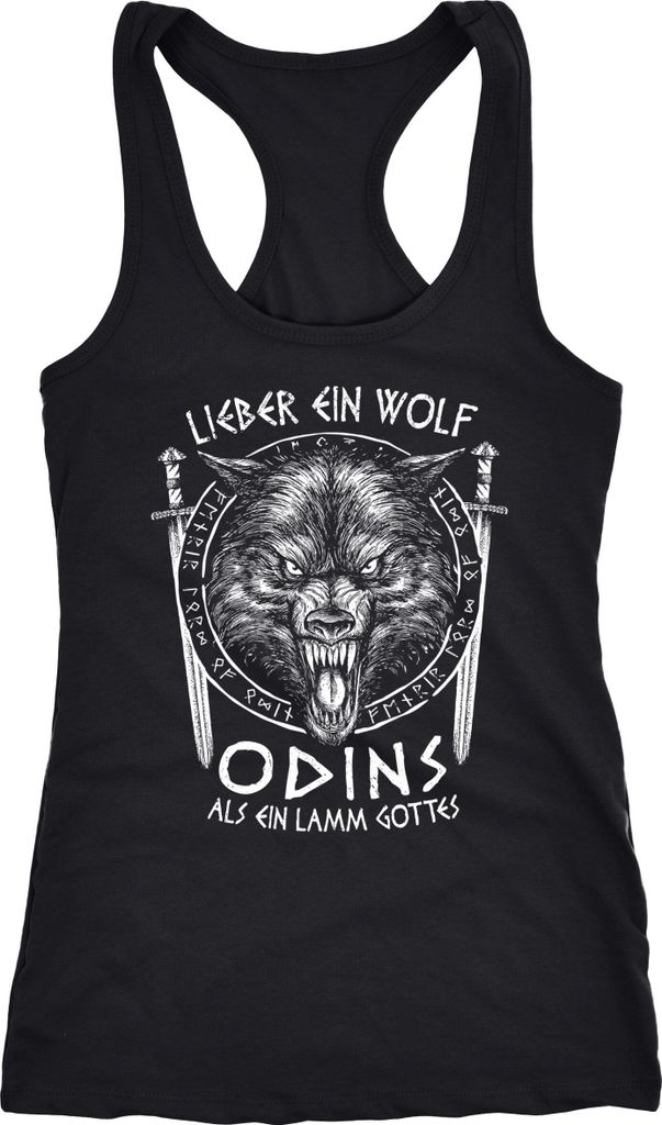 Damen Tank-Top Lieber ein Wolf Odins als ein Lamm Gottes nordische Mythologie Wikinger Racerback Neverless schwarz M
