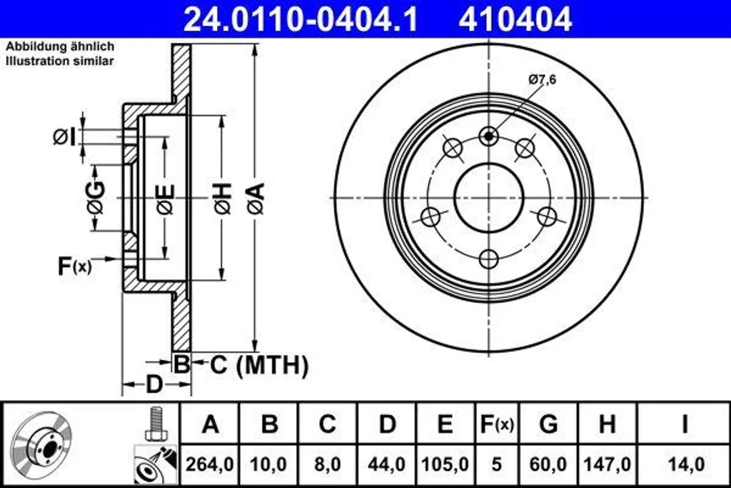 Disque de frein ATE 24.0110-0404.1 compatible Opel Astra K OE 13509119
