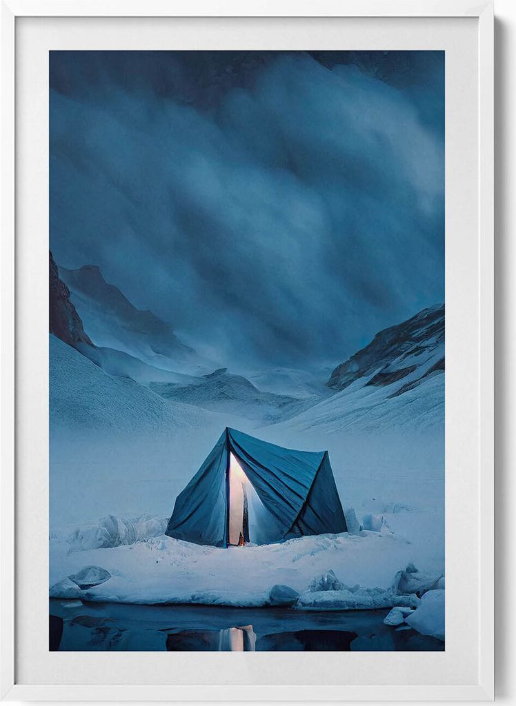 Zelt in den Bergen von Island– Wandbild mit Rahmen – Gerahmtes Bild – Wanddekoration – 70x100 cm – Weiß Rahmen