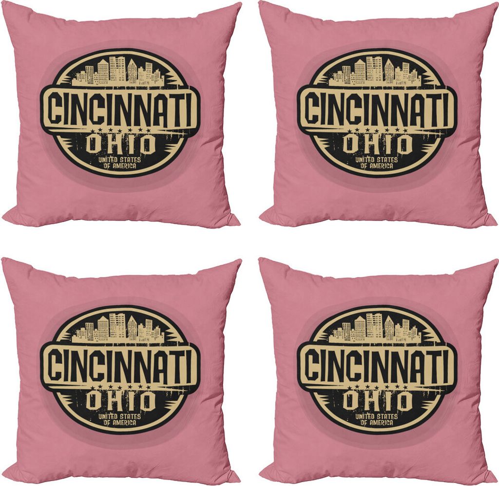 ABAKUHAUS Cincinnati Kissenbezug Set (4 Stück), Stempel mit Funky Font, Moderner Doppelseitiger Digitaldruck, 40 cm x 40 cm, Pale Kamel Getrocknet...