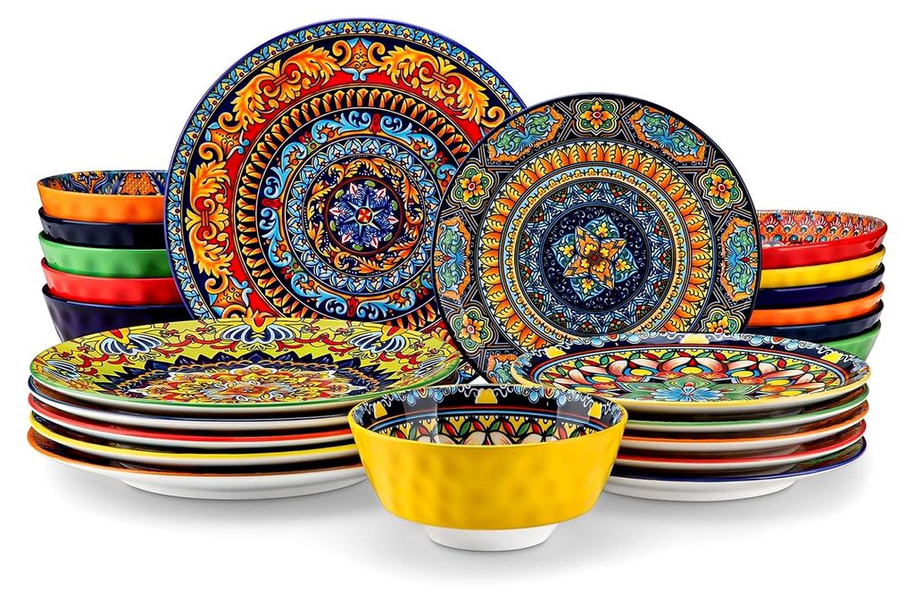 Porzellan Geschirrset für 6 Personen, 24-teiliges Set mit Speisetellern, Desserttellern, Suppentellern und Schalen, Boho Tafelservice