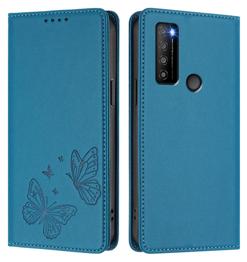 Lederhülle für TCL 30 XL, Schmetterling Prägung Leder Brieftasche Schutzhülle mit Ständer Blau