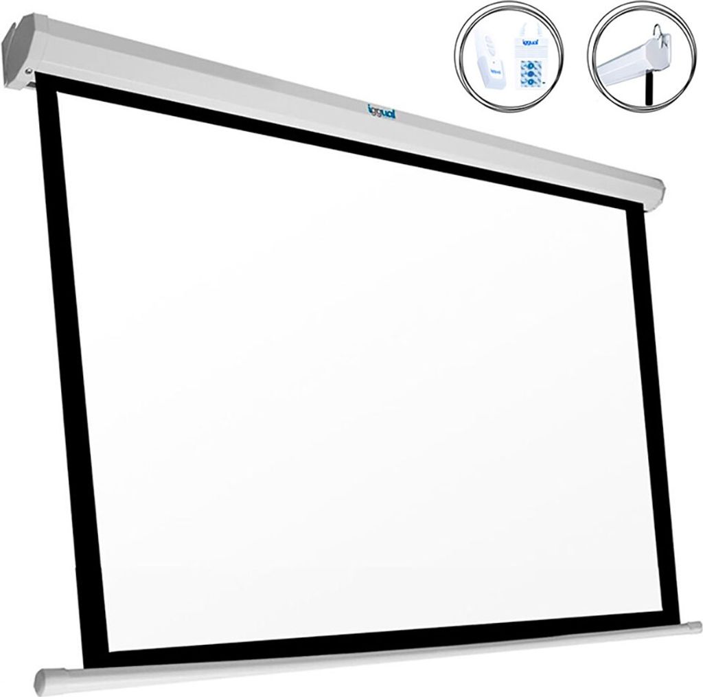 A white electric projection screen is shown, mounted on a wall.