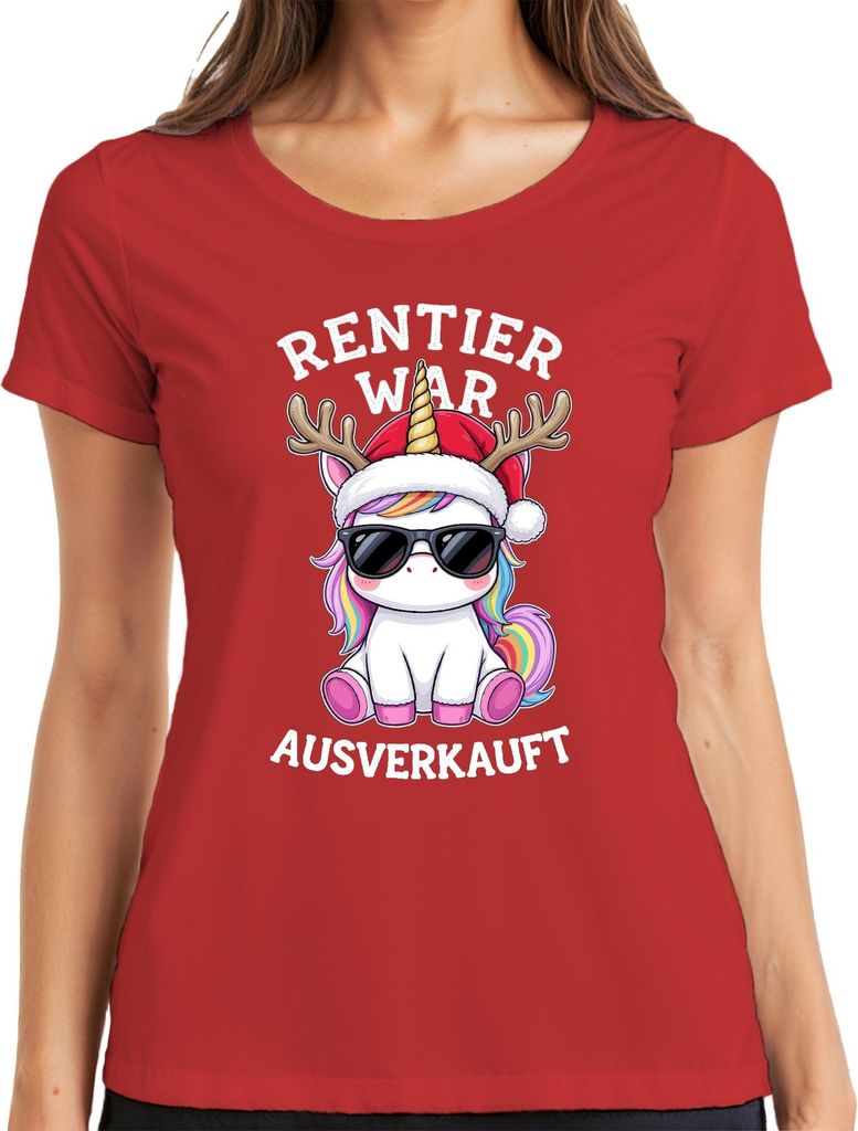 Rentier war t Einhorn Weihnachten lustig Regenbogen Damen T-Shirt, Rot, S