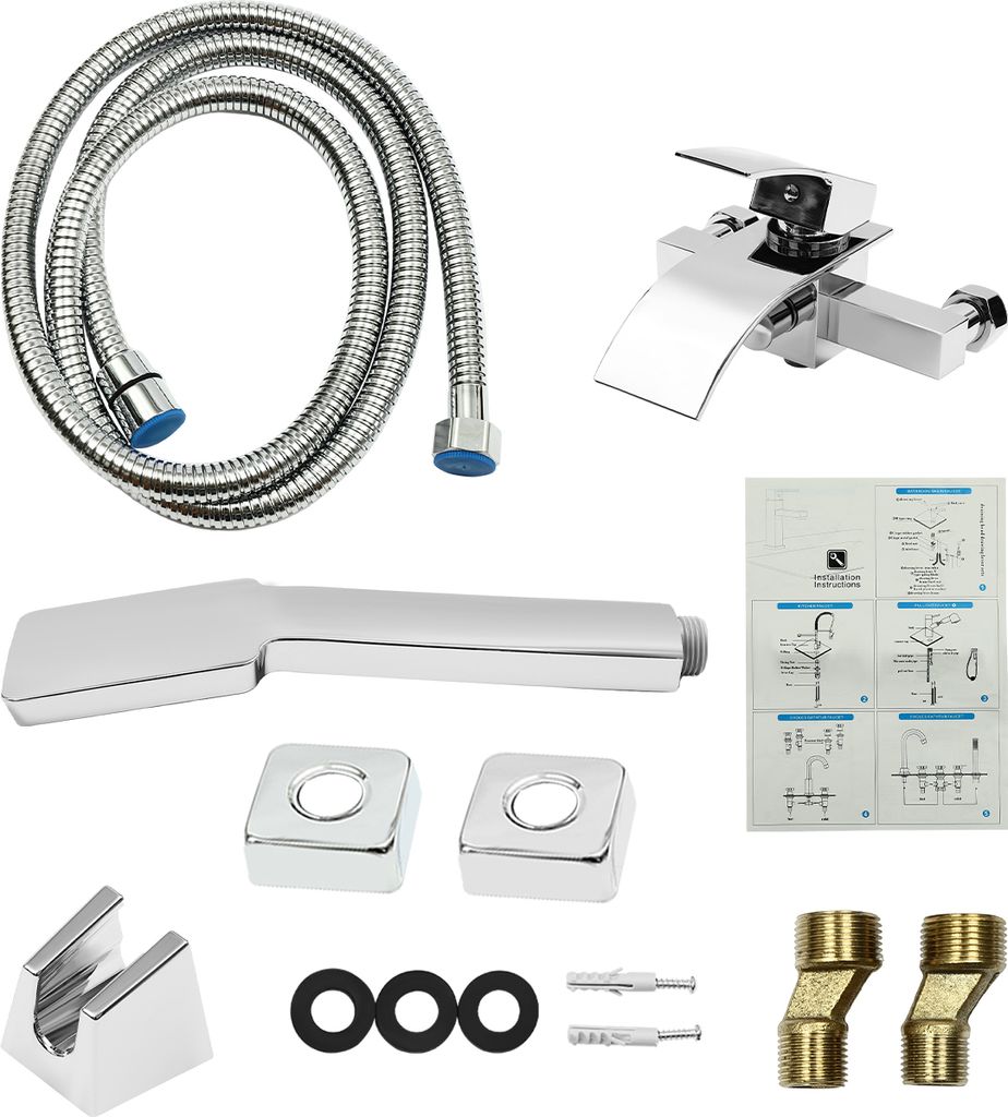 Badewannenarmatur Mit Handbrause & Wasserfallauslauf – Verchromt, Aus Massivem Messing, Doppelhebel-Montage