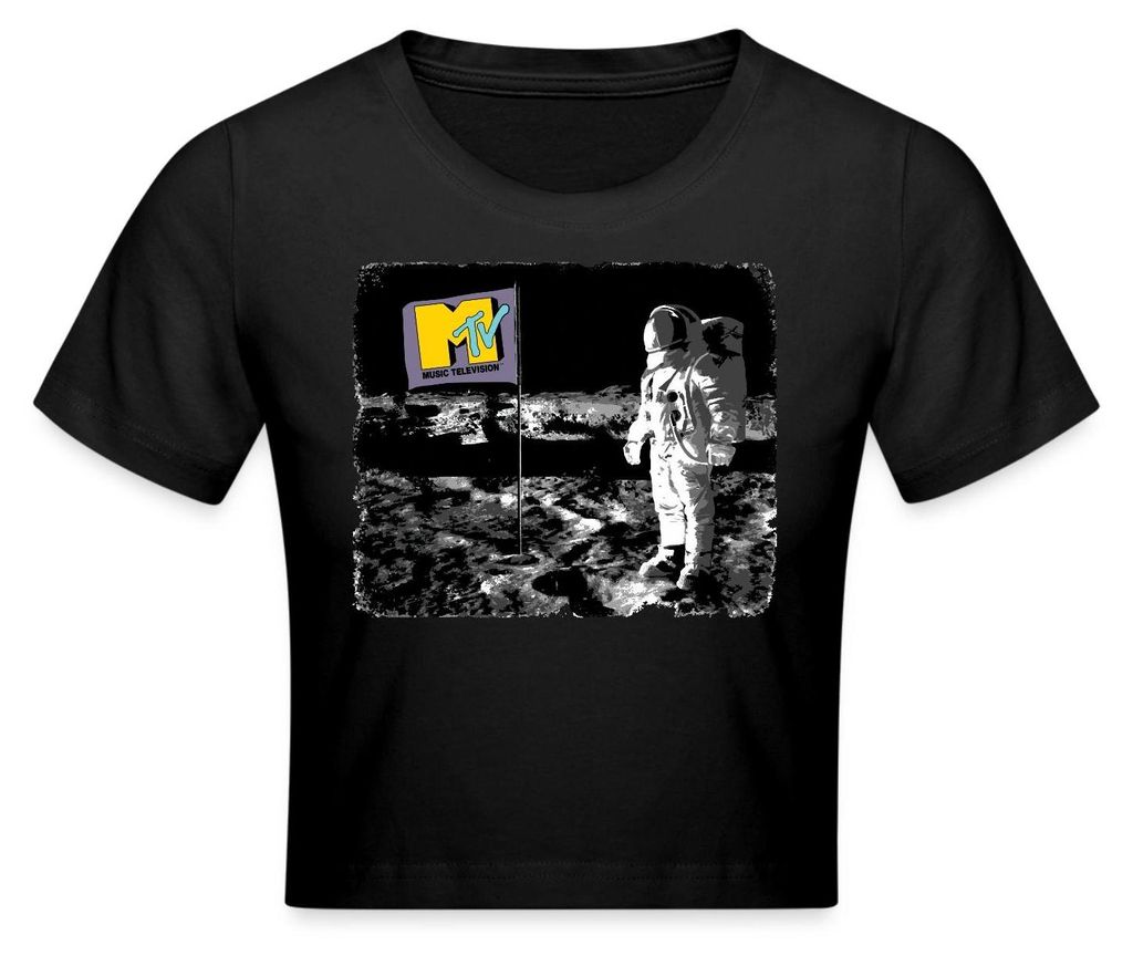 Spreadshirt MTV Astronaut Auf Dem Mond Mit MTV-Flagge Crop Top, XS, Schwarz
