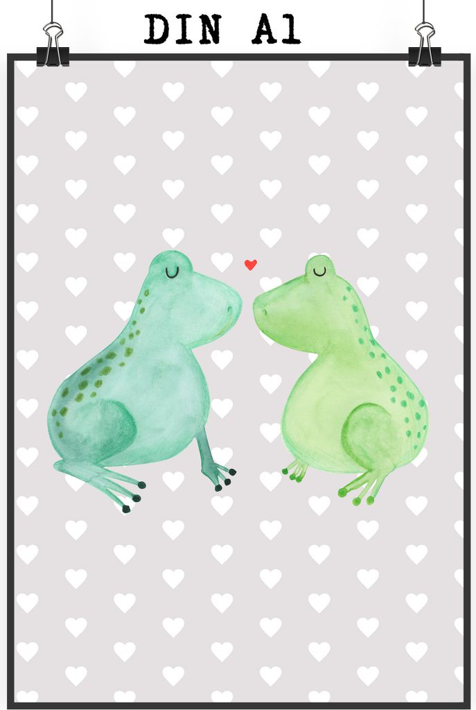 Mr. & Mrs. Panda Poster Frosch Liebe DIN A1 - Grau Pastell - Geschenk, wanddeko, Pärchen, Freundin, Kunstdruck, Kuss, Posterdruck, Verheiratet, Ho...