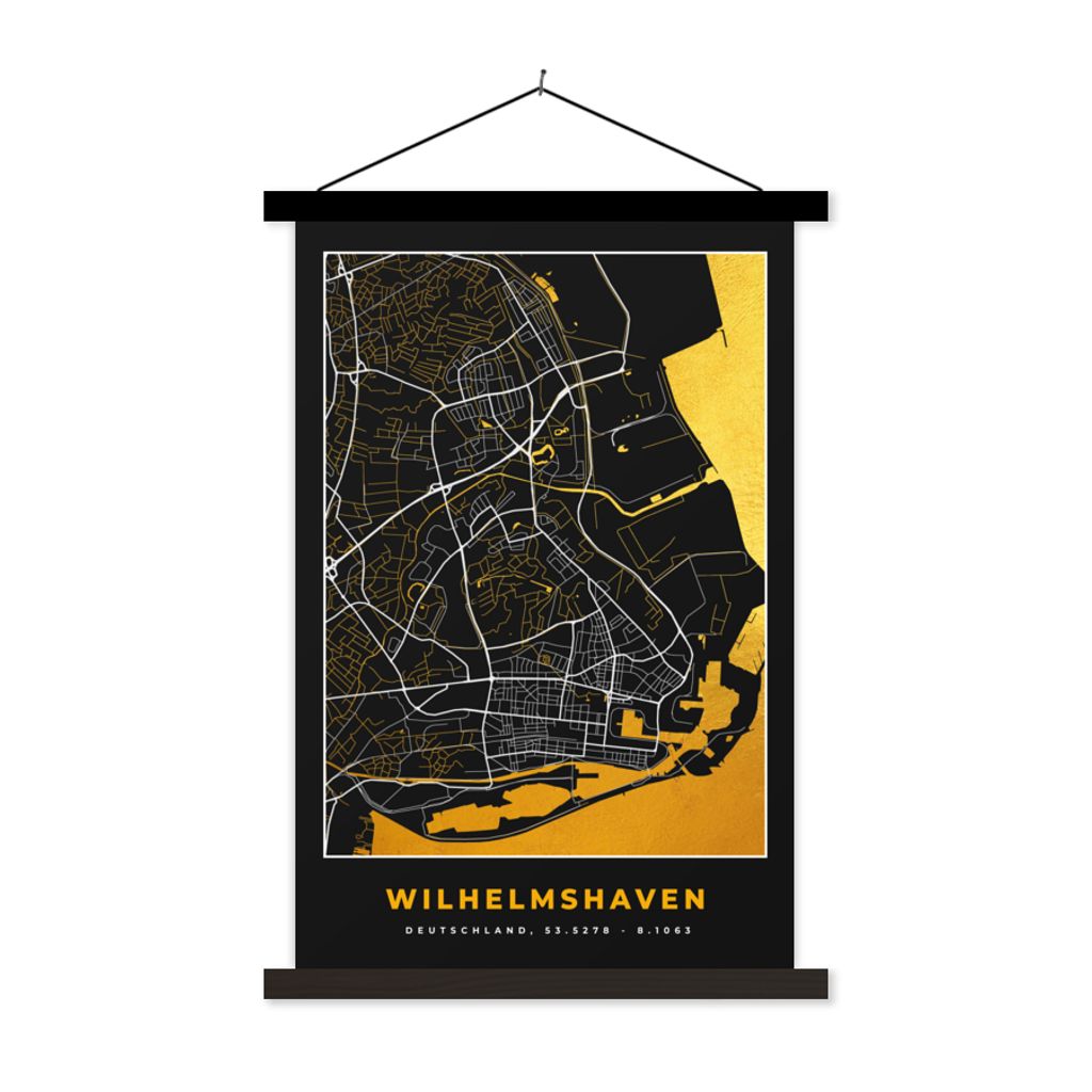 MuchoWow Textilposter Karte - Stadtplan - Wilhelmshaven - Deutschland - Gold 60x90 cm mit schwarzem Rahmen - Poster Wohnzimmer