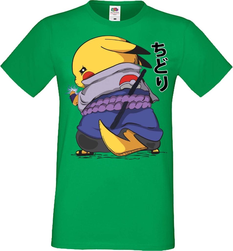 Herren T-Shirt Anime Manga Naruto Pikachu Sasuke, Man L / Grün