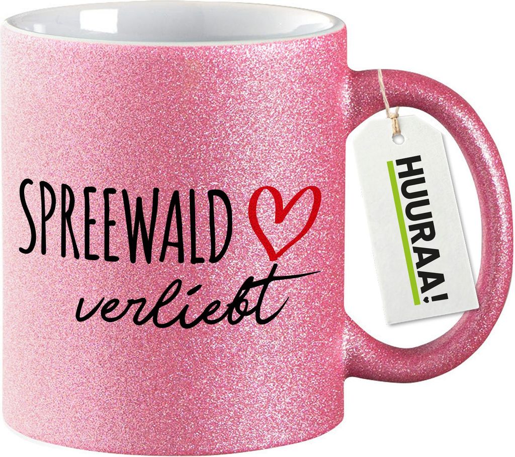 Huuraa Glitzertasse Spreewald verliebt 330ml Pink Keramik Kaffeebecher Geschenkidee