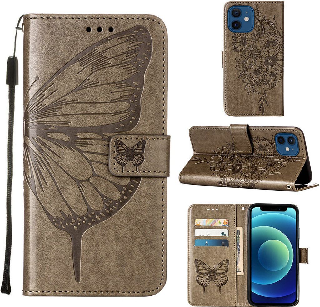 iPhone 12 Hülle, Schmetterling Prägung Flip Leder Kartenfächer Schutzhülle Ledertasche mit Ständer für iPhone 12 Grau