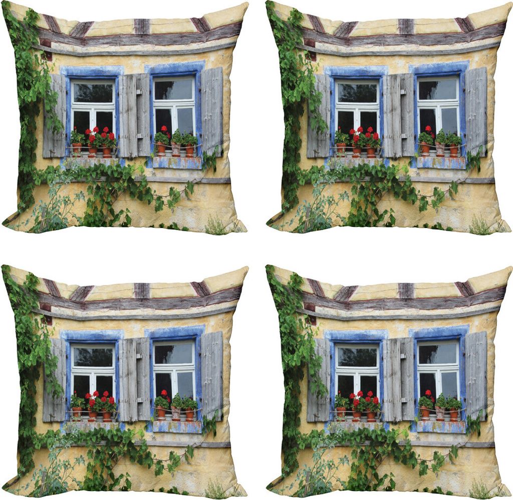 ABAKUHAUS Pelargonien Kissenbezug Set (4 Stück), Bild der alten Fenster, Moderner Doppelseitiger Digitaldruck, 40 cm x 40 cm, Beige und Multicolor