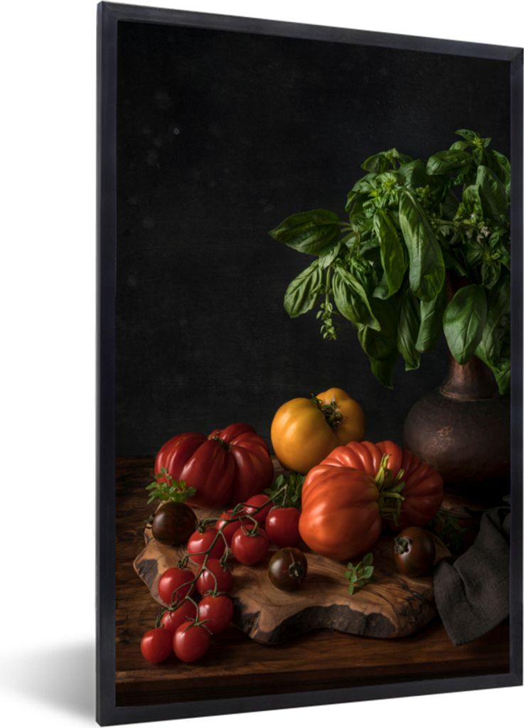 MuchoWow Gerahmtes Poster Stilleben - Tomaten - Basilikum - Gemälde - Gemüse - Schwarz 20x30 cm - Poster mit Schwarzem Bilderrahmen Wandposter ...