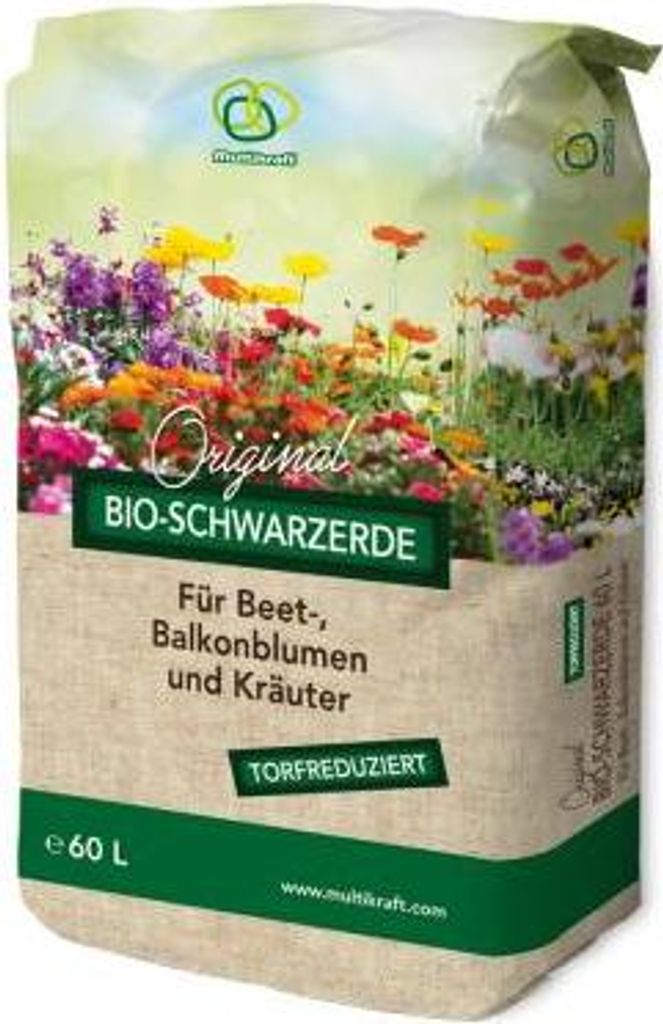 Multikraft Bio Schwarzerde für Beet-, Balkonblumen und Kräuter 60 L torffrei mit EM