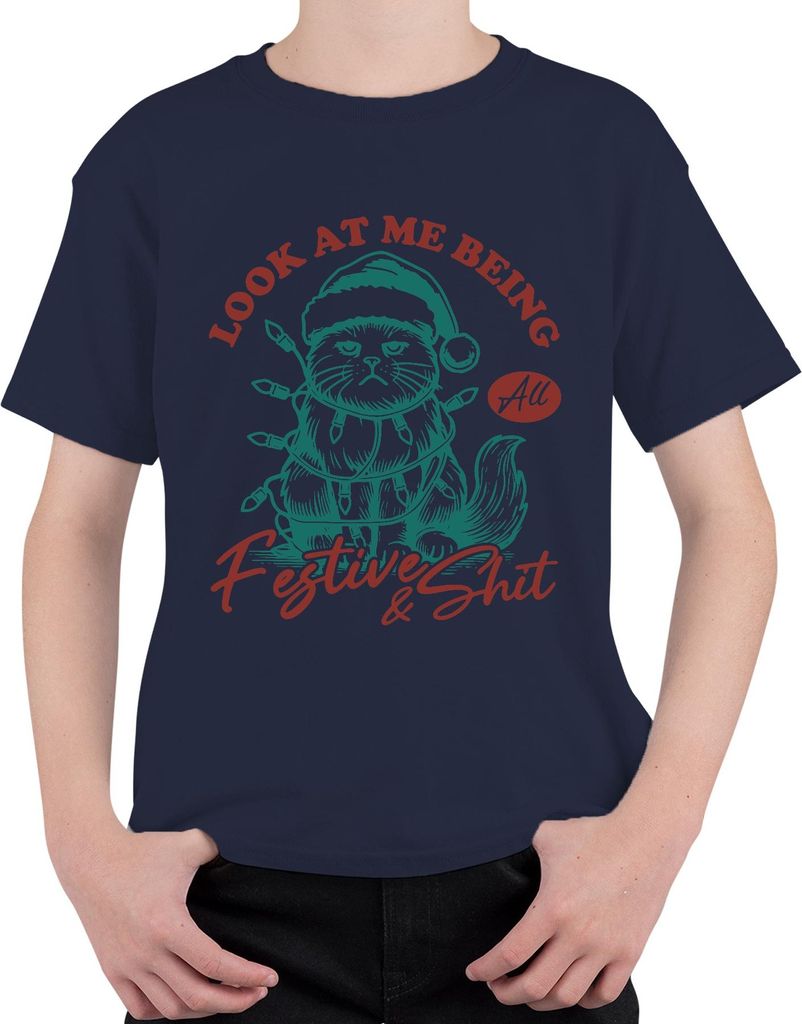 Look At Me Being All Festive And Shit Grumpy Cat Weihnachten Uni Kinder T-Shirt, Navy, 152
