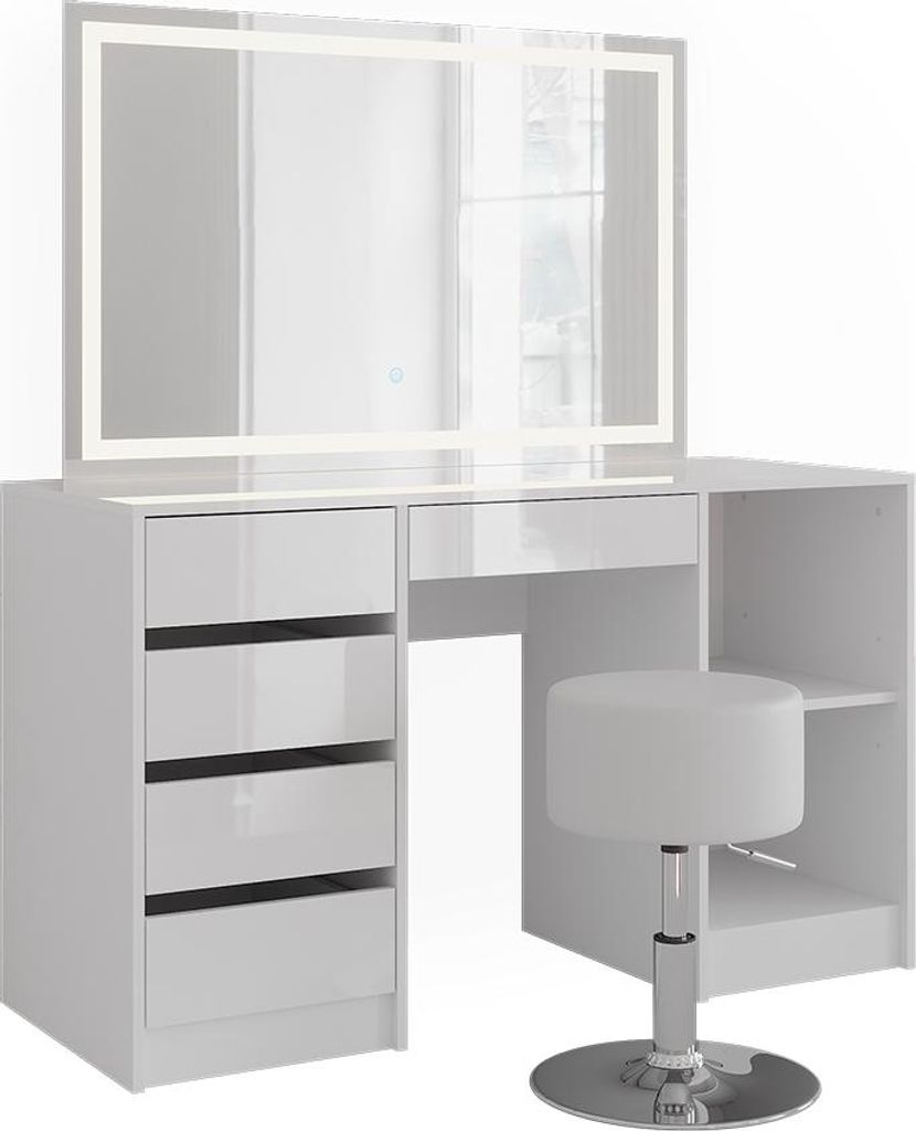 Schminktisch Vicco Sherry Weiß/Weiß Hochglanz 128.2 cm mit LED-Spiegel und Hocker, Model 57630