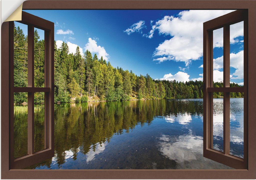 ARTland Wandbild, selbstklebend Norwegische Landschaft - braunes Fenster Größe: 70x50 cm