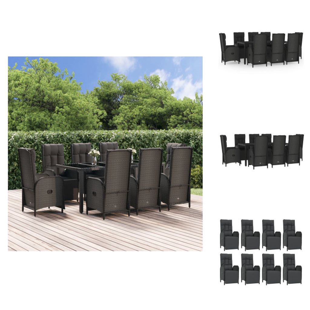 vidaXL 9-tlg. Garten-Essgruppe mit Kissen Schwarz Poly Rattan - Gartenmöbel-Sets