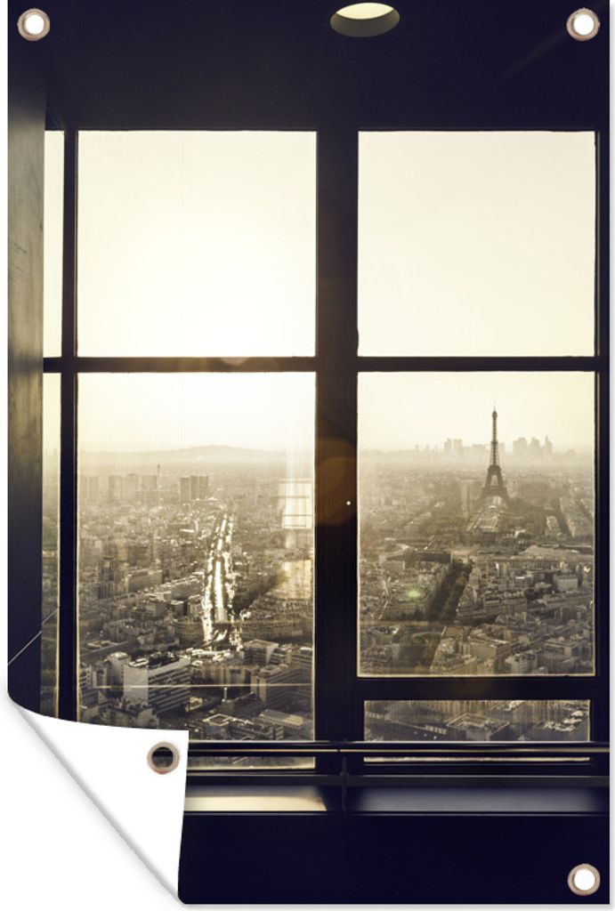 MuchoWow 60x90 cm Outdoor-Poster Gartendeko Sichtschutz Garten Poster für den Garten Blick auf den Eiffelturm aus den Fenstern