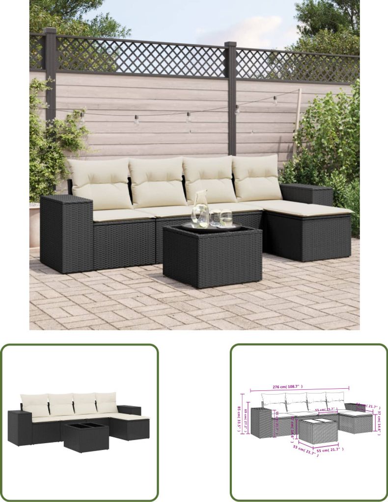The Living Store 6-tlg. Garten-Sofagarnitur mit Kissen Schwarz Poly Rattan