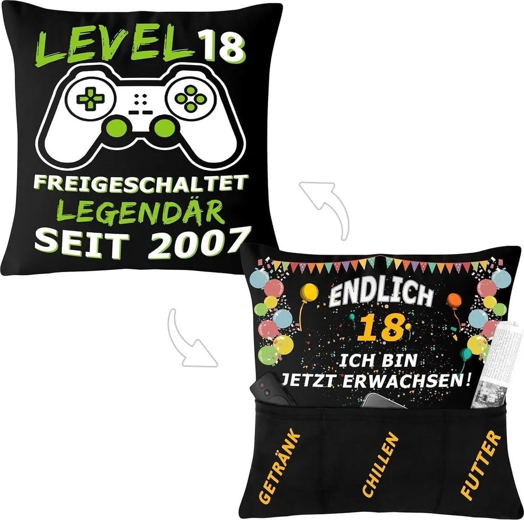 Merclix Taie d'Oreiller 18e Anniversaire Garçon Gaming Noire 45x45 cm