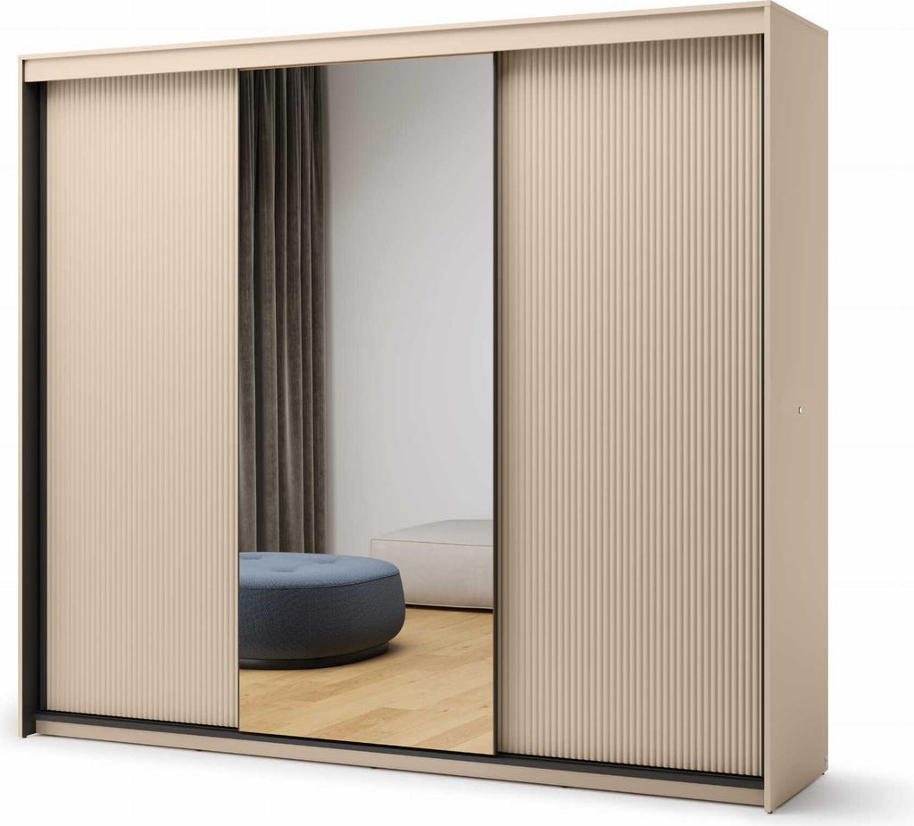 YOURHOUSE24 Kleiderschrank TREND Schlafzimmer TS-02 Schiebeschrank 3d mit Beleuchtung - sandbeige/schwarz