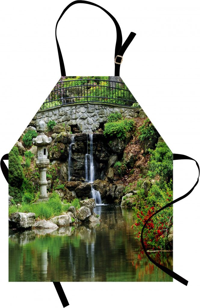 ABAKUHAUS japanisch Kochschürze, Kaskadierender Wasserfall und Teich unter Brücken-Reflexionen von Blumen im Wasser-Muster, Farbfest Höhenverste...