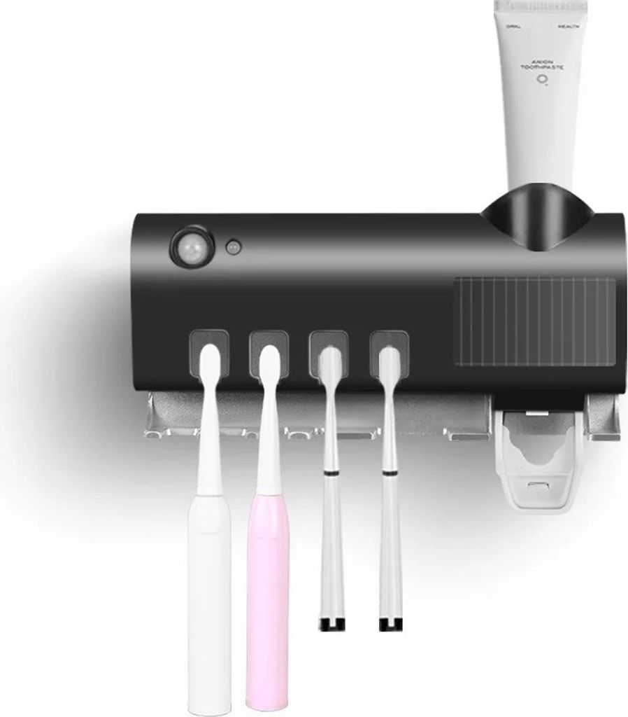 UV-Zahnbürsten-Desinfektionsmittel,wandmontierter Badezimmer-Zahnbürstenhalter mit automatischem Zahnpastaspender, USB-Aufladung(Schwarz)