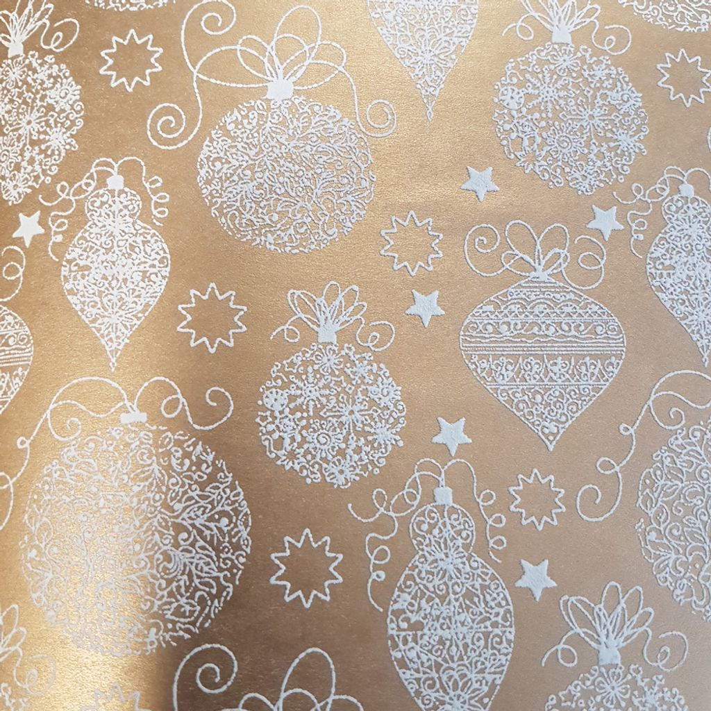 Geschenkpapier Weihnachtskugeln 3D Motiv 70cm x 2m Rolle gold / weiß