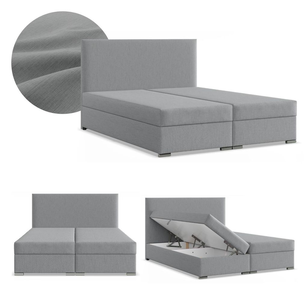 Boxspringbett 160x200 mit 2 Bettkästen, Kontinentales Bett mit Bonell Matratze, Doppelbett mit Kopfteil, Geflecht, Grau, Hellgrau, ZONZA 160 x 200
