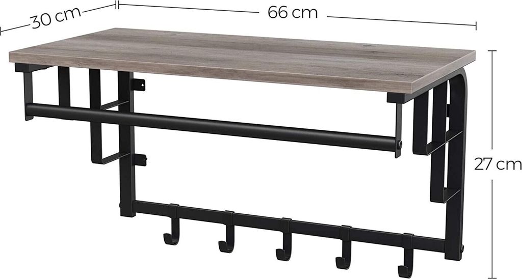 Nástenná polica VASAGLE s 5 háčikmi, vešiak na oblečenie, Obrázok produktu 