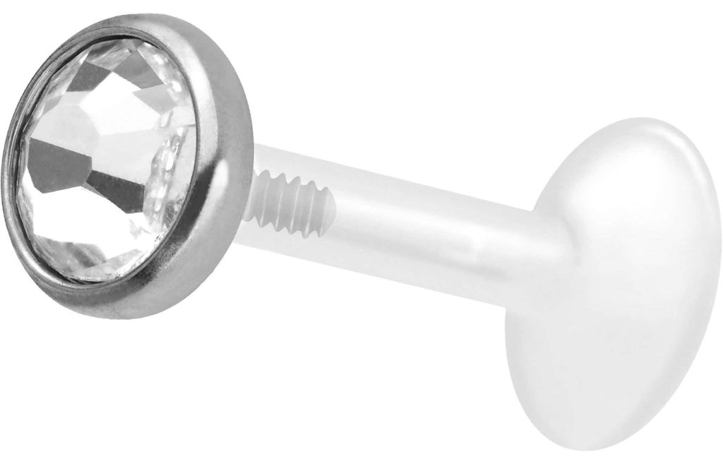 Ohrpiercing, Nasenpiercing PTFE Labret mit Innengewinde + Titan-Aufsatz KRISTALLDISC Silber Stablänge: 8mm | Stabstärke: 1,2mm | Discgröße: 5mm