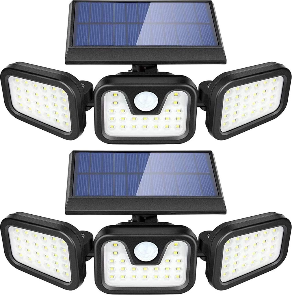 Two solar-powered LED lights with motion sensors, shown against a white background.